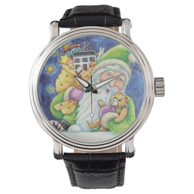 Sött jul, tomte i skorsten med leksaker armbandsur (Framsida)