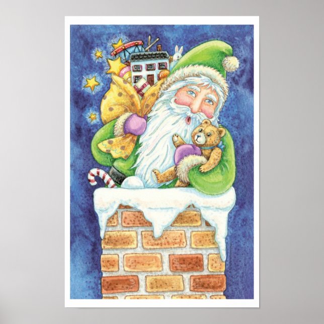 Sött jul, tomte i skorsten med leksaker poster (Framsidan)