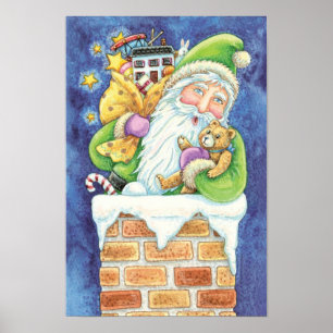 Sött jul, tomte i skorsten med leksaker poster
