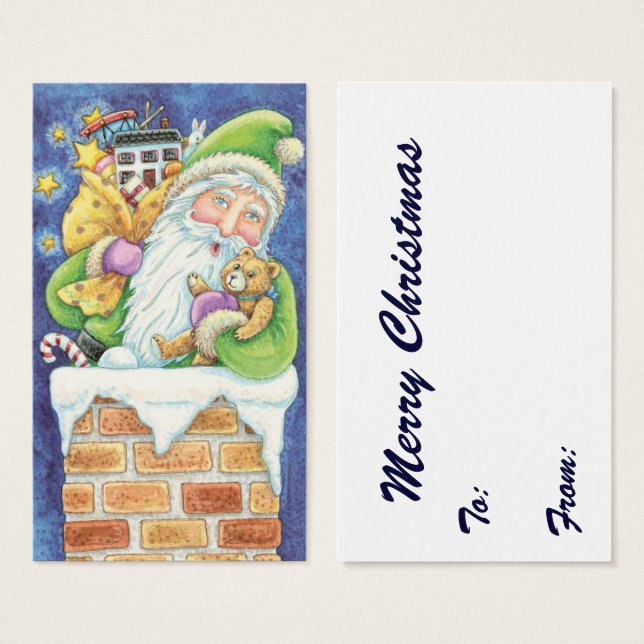 Sött jul, tomte i skorsten med leksaker visitkort (Framsida & baksida)
