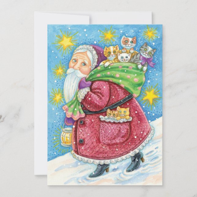 Sött jul, tomte med kattungar och katter! julkort (Framsida)
