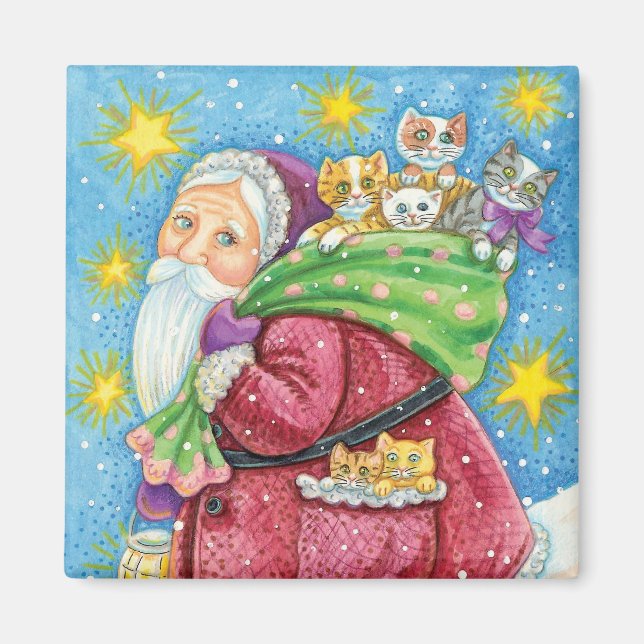 Sött jul, tomte med kattungar och katter! magnet (Framsidan)