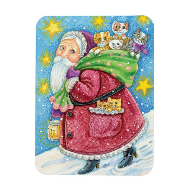 Sött jul, tomte med kattungar och katter! magnet (Vertikal)