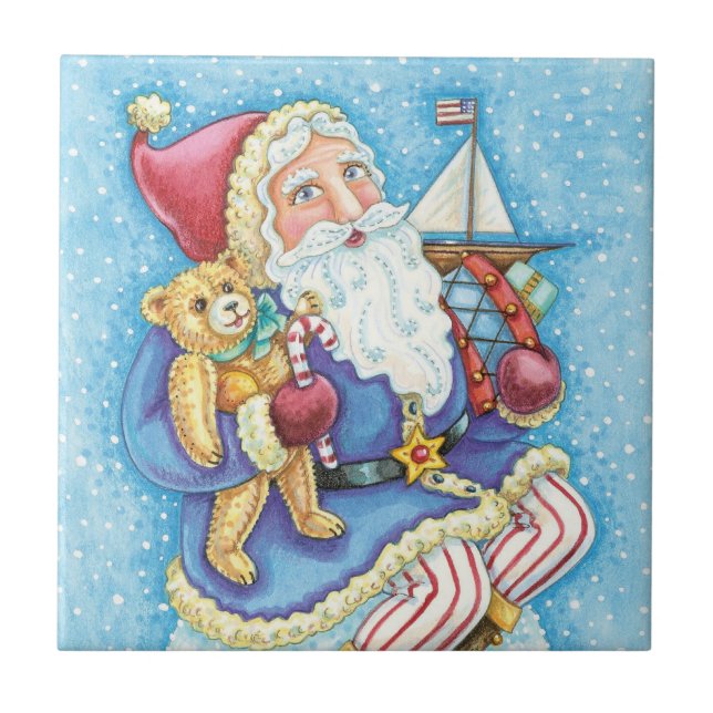 Sött jul, tomte på snöboll med leksaker kakelplatta (Framsidan)