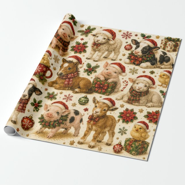 Sött julbondedjursmönster present presentpapper (Utrullad)