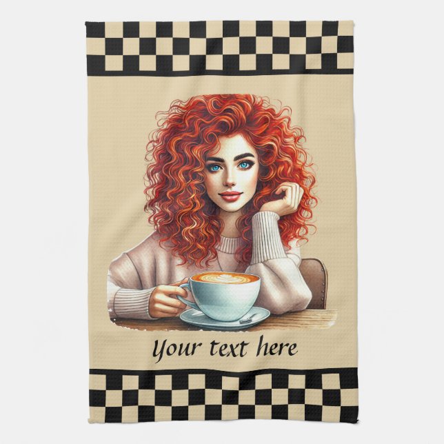Sött kaffe dam lägg till text kökshandduk (Vertikal)