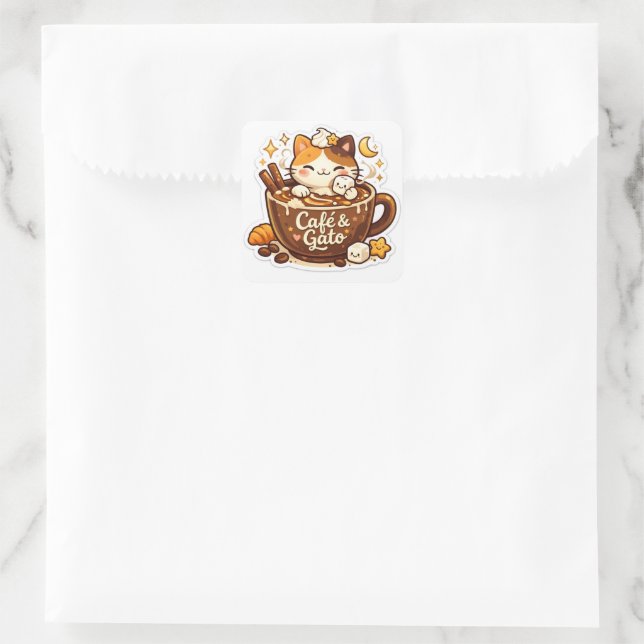 sött kaffekattdekal fyrkantigt klistermärke (Väska)