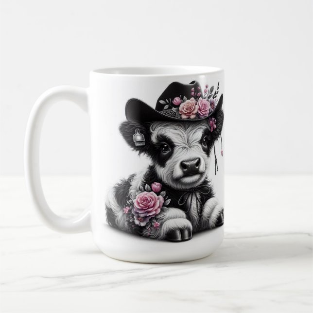 Sött kalv som bär hatt prydd med blommor  kaffemugg (Vänster)