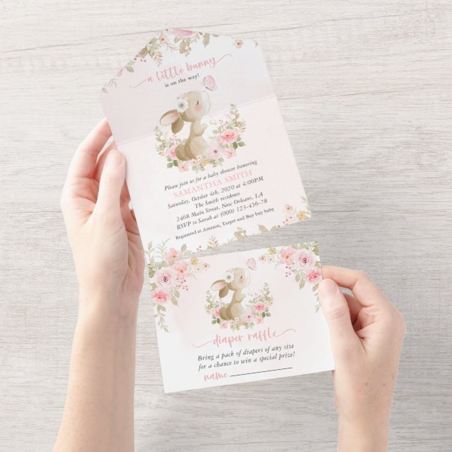 Sött Kanin, Fjäril, Rosa Blommor, Baby Shower (Avrivbar del)