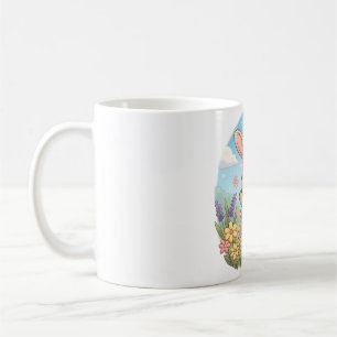 Sött kanin som hoppar i ett blomsterfält kaffemugg