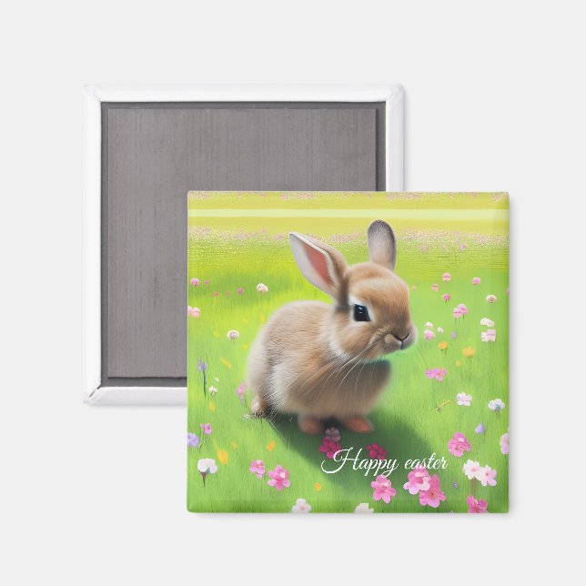 Sött kaninbaby i en blomsteräng   magnet (Front/Back)