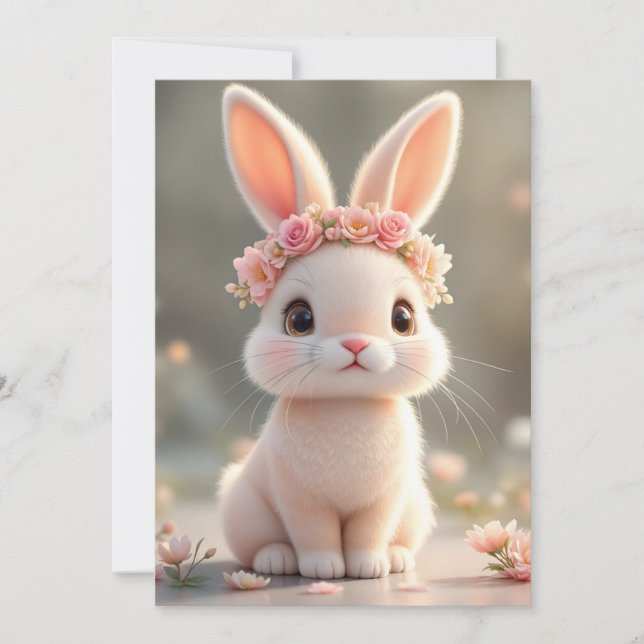 Sött kaninbarn med blomsterkrans    julkort (Framsida)