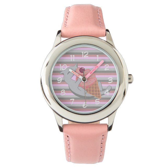 Sött katt äter rosa glass randig armbandsur (Framsida)