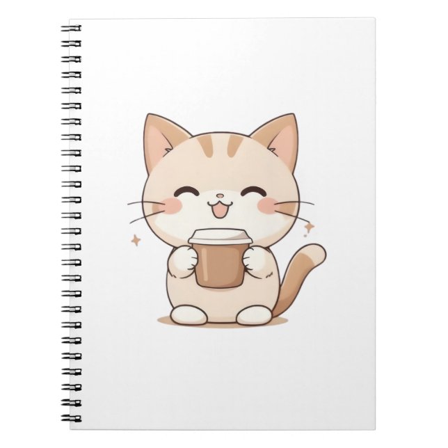 Sött Katt Dricker Kaffe Kawaii Design Anteckningsbok (Framsidan)