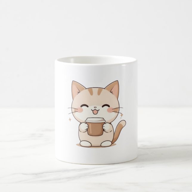 Sött Katt Dricker Kaffe Kawaii Design Kaffemugg (Center)