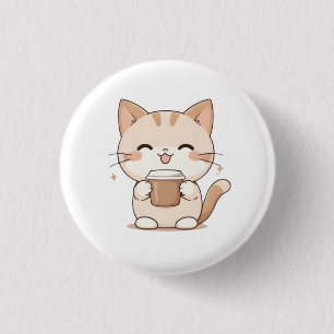 Sött Katt Dricker Kaffe Kawaii Design Knapp
