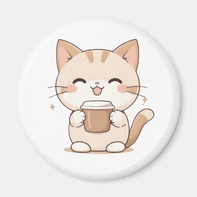Sött Katt Dricker Kaffe Kawaii Design Magnet (Framsidan)