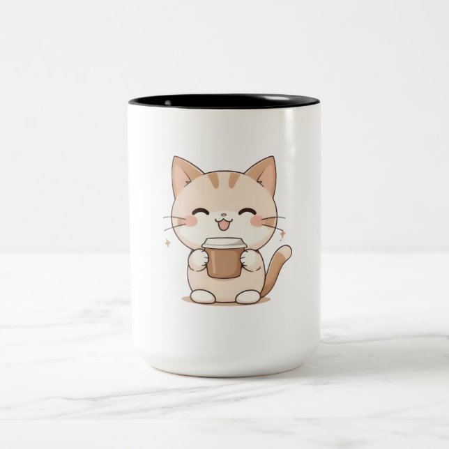 Sött Katt Dricker Kaffe Kawaii Design Två-Tonad Mugg (Center)