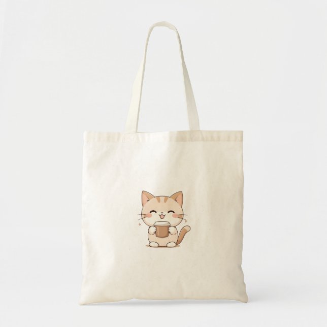 Sött Katt Dricker Kaffe Kawaii Design Tygkasse (Framsidan)