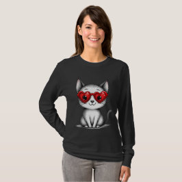 Sött Katt Hjärtformade Glasögon Grafik T Shirt
