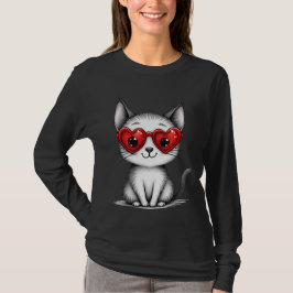 Sött Katt Hjärtformade Glasögon Grafik T Shirt