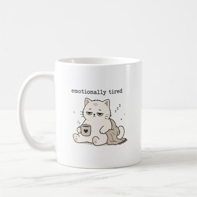 Sött Katt Humor Känslomässigt Trött Kaffemugg (Vänster)