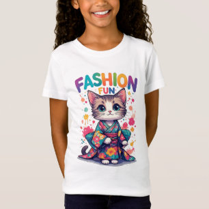 Sött Katt I Blommig Kimono Firar Mode T Shirt