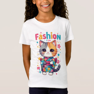 Sött Katt I Blommig Kimono Firar Mode T Shirt