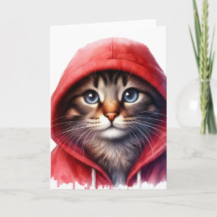 Sött katt i röd hoodie Vattenfärgshälsning Kort