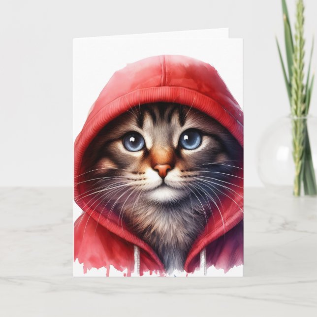 Sött katt i röd hoodie Vattenfärgshälsning Kort (Framsida)