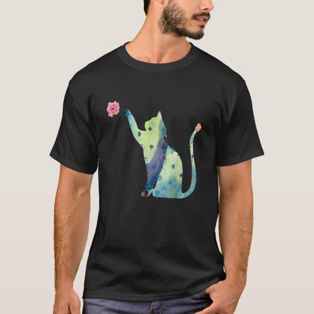 Sött Katt Kisse Leker Blomma Kaktus T Shirt (Framsida)