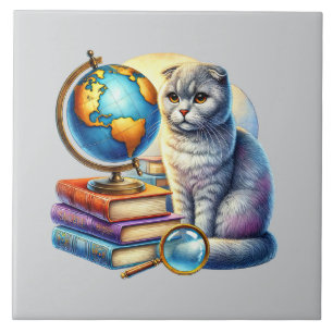 Sött katt läs hörna bibliotek bok älskare kakelplatta