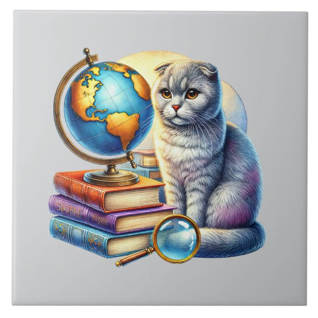 Sött katt läs hörna bibliotek bok älskare  kakelplatta (Framsidan)