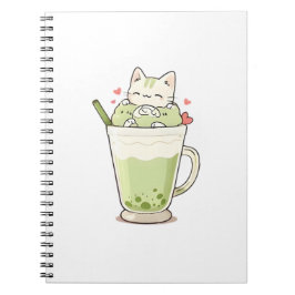 Sött Katt Matcha Boba Dryck Kawaii Design Anteckningsbok