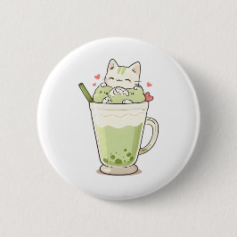 Sött Katt Matcha Boba Dryck Kawaii Design Knapp