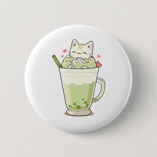 Sött Katt Matcha Boba Dryck Kawaii Design Knapp (Framsida)