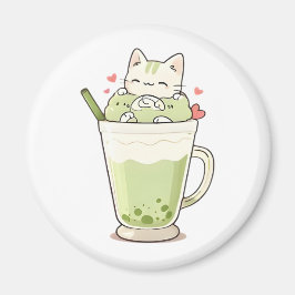Sött Katt Matcha Boba Dryck Kawaii Design Magnet