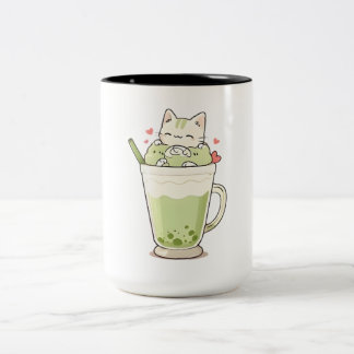 Sött Katt Matcha Boba Dryck Kawaii Design Två-Tonad Mugg