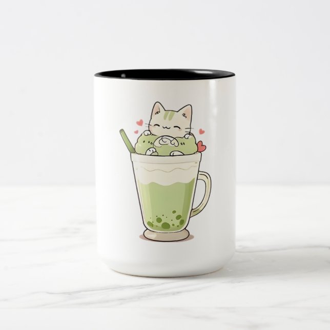 Sött Katt Matcha Boba Dryck Kawaii Design Två-Tonad Mugg (Center)