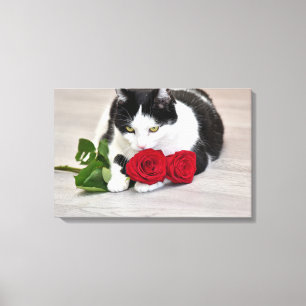 Sött katt med den röda rosen canvastryck