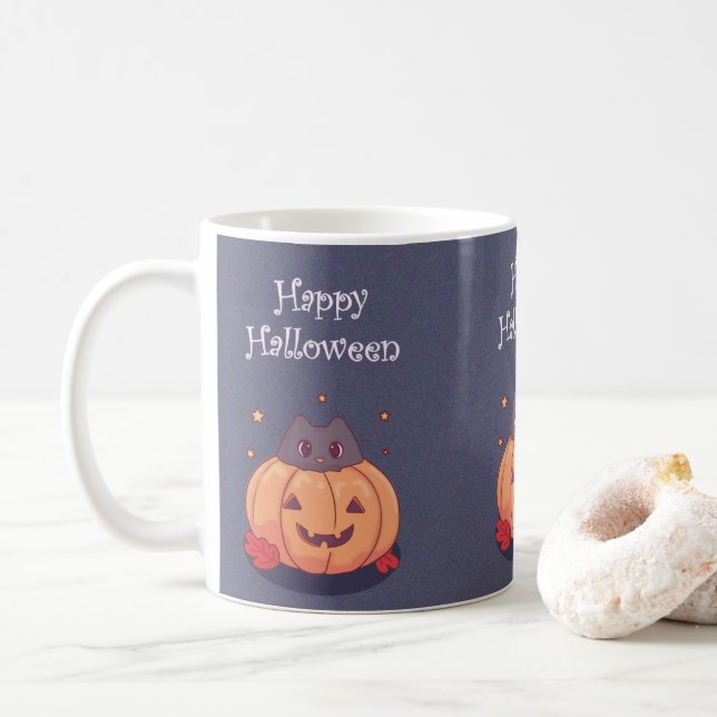 Sött katt med en Halloween-pumpa Blågrå  Kaffemugg (Med munk)