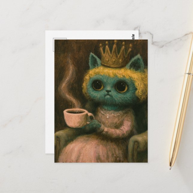 Sött katt med en kaffe vykort (Fram/Back In Situ)