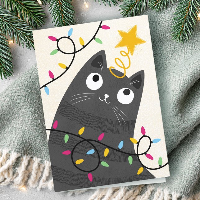 Sött katt med ljus och julgranskrone jul helgkort (Cute cat with lights and tree-topper Christmas Holiday Card)