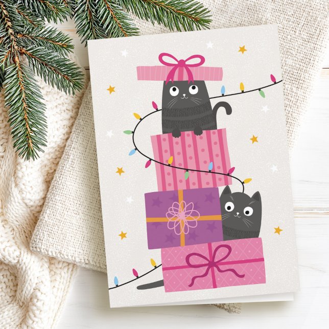 Sött katt med ljus och julklappar helgkort (Cute cat with lights and Christmas gifts Holiday Card)