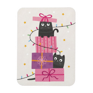 Sött katt med ljus och julklappar magnet