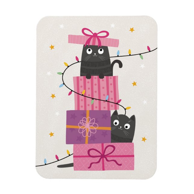 Sött katt med ljus och julklappar magnet (Vertikal)