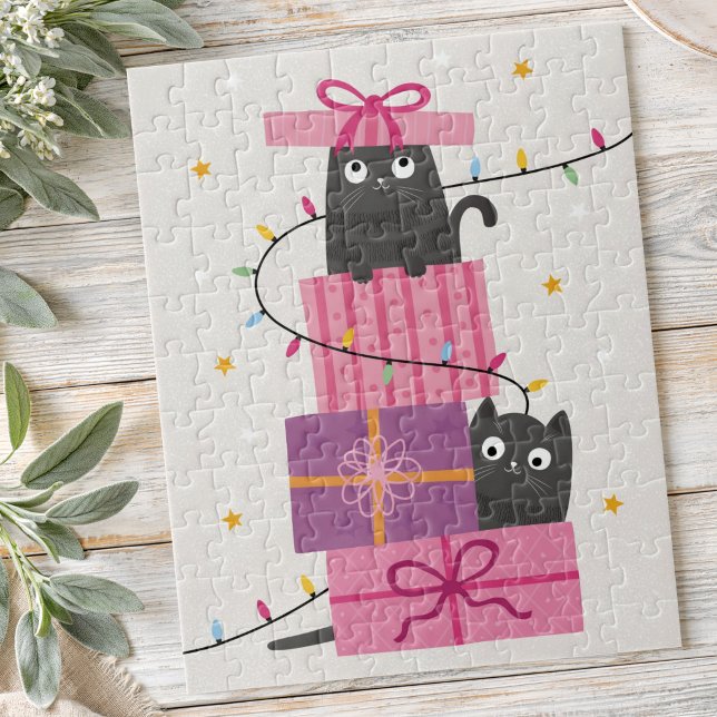 Sött katt med ljus och julklappar pussel (Cute cat with lights and Christmas gifts Jigsaw Puzzle)