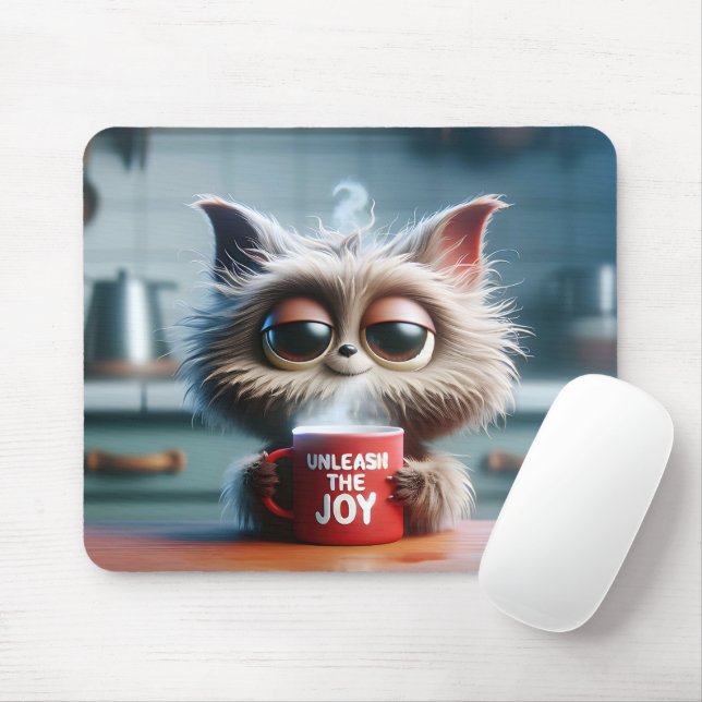 Sött Katt Med Röd Kaffemugg Musmatta (Med mus)