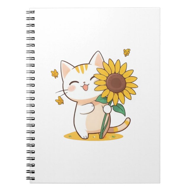 Sött katt med solros Kawaii-design Anteckningsbok (Framsidan)