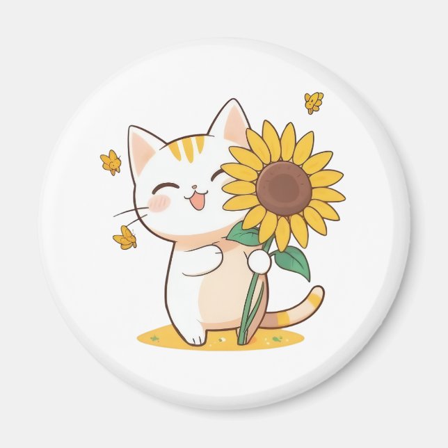 Sött katt med solros Kawaii-design Magnet (Framsidan)